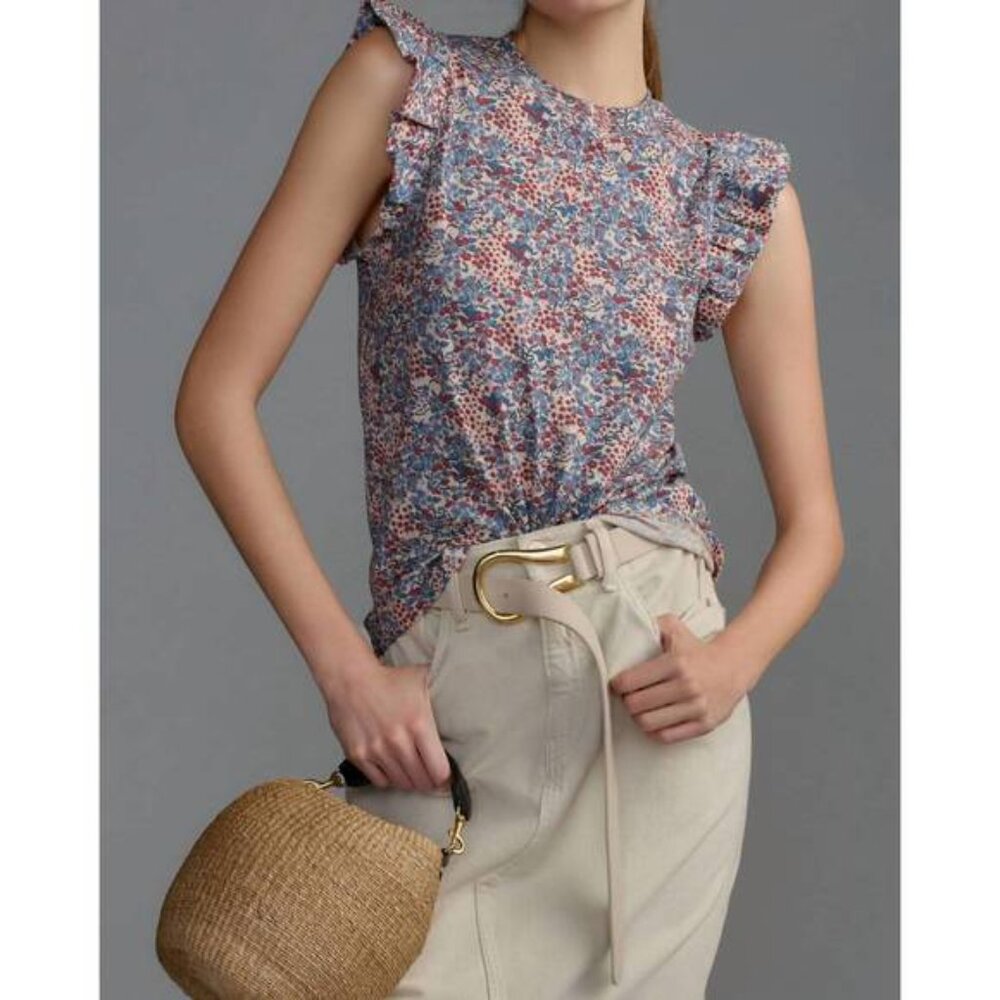 Nation LTD Tank Top Paulette Cherry Blossom Ruffle‎ Pima Cotton Foral Size XS